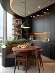 Modern, minimalist kitchen dining area with curved design.