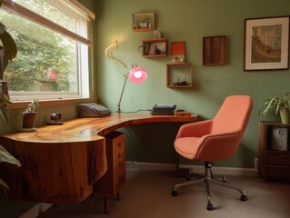 A handcrafted wooden desk with a vibrant peach office chair in a home office.
