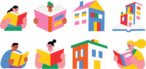 Colorful flat vector illustration of diverse people reading books and vibrant modern houses, education and community concept isolated on white