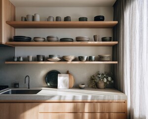Wooden kitchen cabinetry showcasing ceramic dishes and bowls.