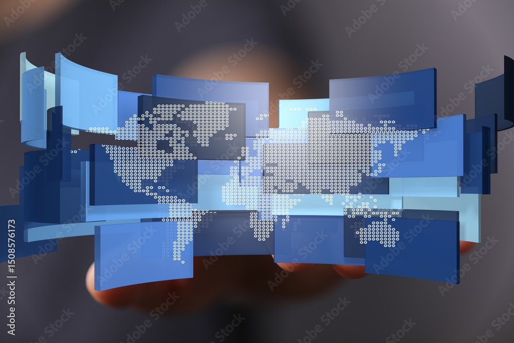 Aufkleber Abstract image of a world map formed by digital data blocks.  Represents global connectivity and technology.