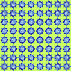 A striking array of radiant indigo star-shaped flowers, each glowing against a vivid neon green background, creating an energetic and harmonious visual rhythm through symmetry and contrast.