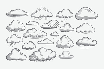 Clouds sketch. Vintage hand drawn sky background with large and small detailed cloudy shapes. Retro pencil drawing. Isolated monochrome cloudscape elements set.