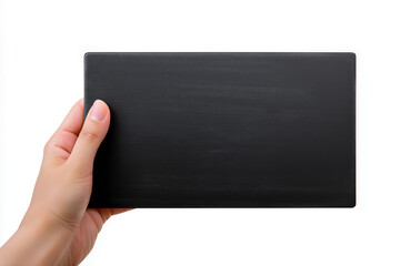 The hand holds a black blackboard for writing logos and text.