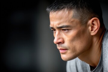 Obraz premium Army fitness test concept, Focused young man with short hair gazes intently, showing determination and concentration in a close-up portrait.