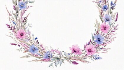 Obraz premium Wreath frame with watercolor pastel fragile wildflowers, stems and tiny leaves, isolated ill.jpg