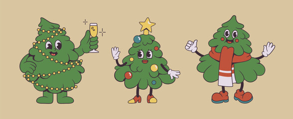 Fototapeta premium Cute cartoon Christmas tree characters in festive outfits