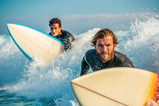 Two surfers in wetsuits paddle boards among the waves in the ocean, preparing to catch a wave