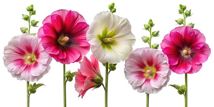 Elegant composition of colorful Hollyhock flowers in full bloom on white background