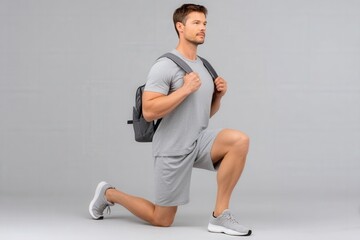 Army fitness test concept, A man in sportswear with a backpack performs a lunge exercise against a neutral background.