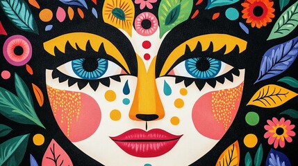 A vibrant and colorful artwork depicting a stylized face surrounded by flowers and leaves, symbolizing nature, emotion, and cultural expression.