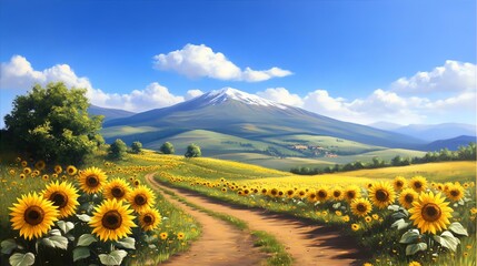 A vibrant landscape featuring a dirt path meandering through a field of sunflowers, with majestic mountains and a clear blue sky in the background.