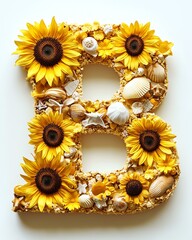 A vibrant letter 'B' crafted with sunflowers, seashells, and decorative materials, perfect for adding a cheerful touch to any design project.