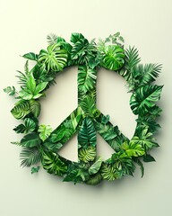A vibrant peace symbol crafted from lush green leaves, representing harmony with nature and a commitment to environmental stewardship.