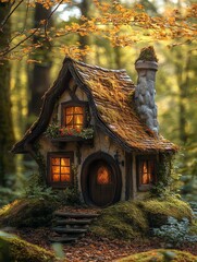 A charming, whimsical cottage nestled in a serene forest, surrounded by vibrant autumn foliage. Its warm lights invite tranquility and wonder.