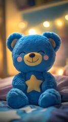 A cheerful blue teddy bear with a star on its belly, resting on a cozy bed. Perfect for evoking feelings of comfort and childhood nostalgia.