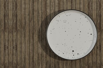 Top view of a clean white plate placed on a wooden table background. 