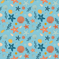 Seamless marine pattern with starfish, shells and seaweed on bright blue background, cheerful ocean life and summer concept