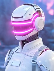A futuristic robotic helmet with neon accents, symbolizing advanced technology and innovation in artificial intelligence and robotics.