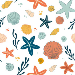 Colorful seamless marine pattern with starfish, shells and seaweed in PNG format with transparent background, fun and bold summer design concept