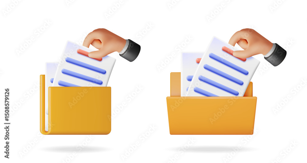 Poster hand inserting document into folder. data organization concept. file storage with paper. digital doc