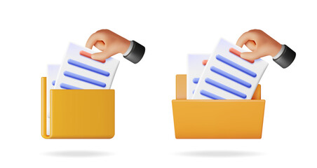 Hand inserting document into folder. Data organization concept. File storage with paper. Digital document management. Information technology. © absent84