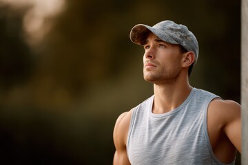Army fitness test concept, A young man in a sleeveless shirt and camouflage cap looks thoughtfully into the distance outdoors.