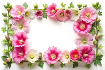 Elegant floral frame made of pink and white hollyhock blossoms