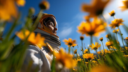 Wide shot of astronaut gazing up at sky in a sea of daisies, vibrant field, peaceful contrast of space and nature