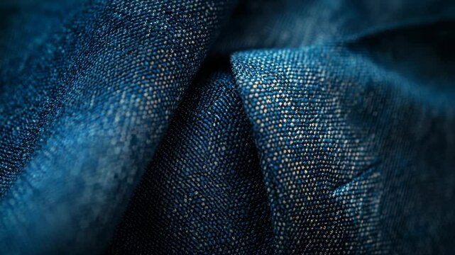 A detailed view of textured blue jeans material with a focus on the thread count and texture