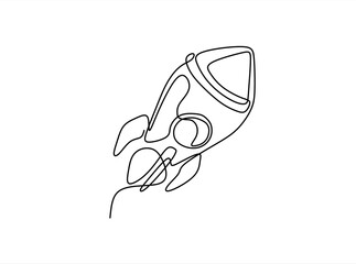 Hand drawn one line vector. Rocket space ship launch into universe concept. One continuous line drawing of simple retro spacecraft flying up to the outer space nebula. Editable stroke.
