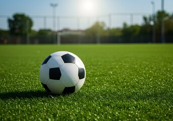 Fototapeta premium Soccer Ball on Green Field Sports and Recreation, Artificial Turf, Football Game, Sunlight, Background.