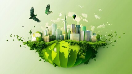 A Green Cityscape on an Earth Globe with Flying Birds and Floating Green Elements