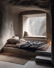 Concrete bedroom with a window seat.