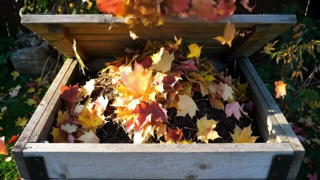 zero waste, A wooden composter overflows with a vibrant mix of fallen autumn leaves representing the natural process of decomposition
