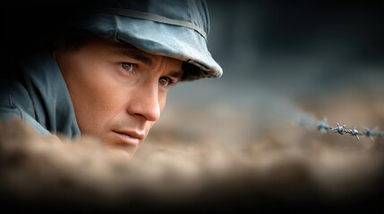 Army fitness test concept, A soldier in a helmet crouches in a trench, gazing intensely past barbed wire, suggesting tension and anticipation.