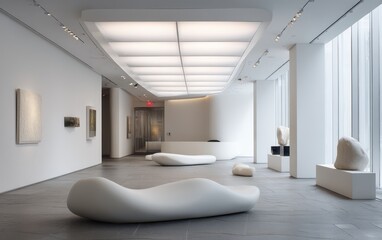 Modern gallery interior with minimalist furnishings and sculptures.