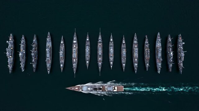 High angle view of multiple naval ships in a straight line on dark water with a contrasting single boat