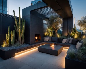 Modern rooftop terrace lounge area at dusk.