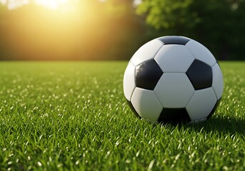 Fototapeta premium Soccer Ball on Green Grass Field, Sunlight, Sports Concept, Outdoor Recreation, Background.
