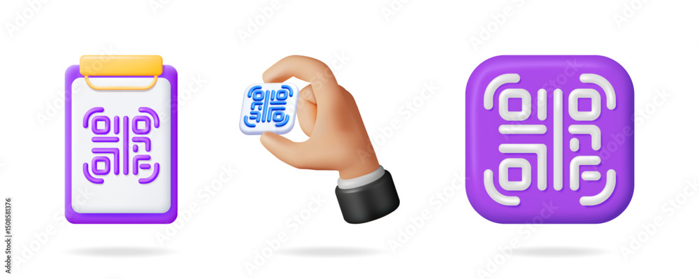 Poster hand holding a unique qr code in a 3d vector illustration set. digital identification and data captu
