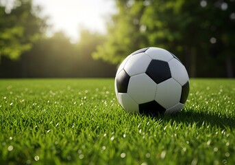 Fototapeta premium Soccer Ball on Lush Green Grass Field with Sunlight - Football, Sport, Outdoor, Game, Meadow.