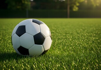 Soccer ball on green grass field, sports equipment, close-up detail, football, game, outdoors, daylight.