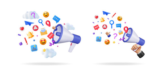 Two 3d render megaphones spreading social media icons and digital marketing symbols. Advertising, promotion, and news concept.