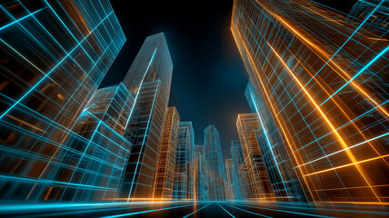 Wide geometric wireframe cityscape glowing in cool LED lights, cyber architecture theme, HDR photo style