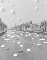 Surreal swirls of pollution marring the glassy, ashen surface of the canal, craft clay. with white shades