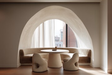 Curved alcove with a window seat and round table.