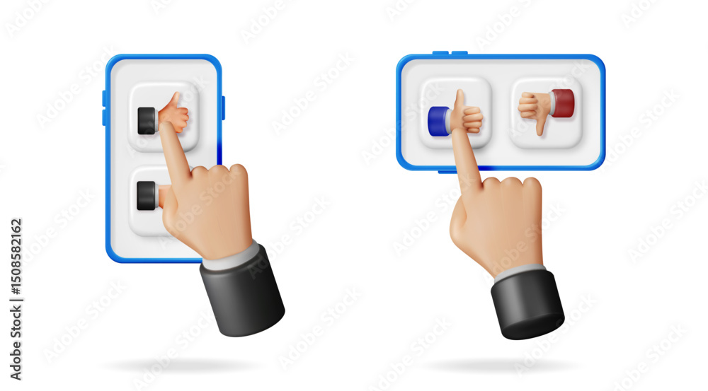 Poster hand pressing like and dislike button on mobile phone showing positive and negative feedback concept