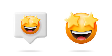 Smiling 3d emoji with star eyes and speech bubble. Happy emoticon with yellow stars for social media concept. Vector illustration set.