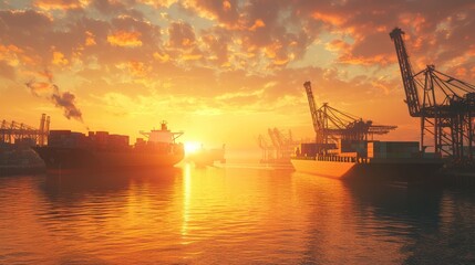 Obraz premium Golden Hour at the Port, Container Ships and Cranes at Sunset